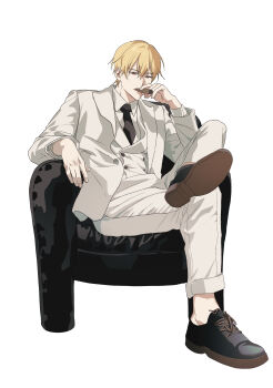 0304rong0304 1boy absurdres black_necktie black_shoes blonde_hair chair cigar commentary_request crossed_legs fate/stay_night fate_(series) formal_clothes full_body gilgamesh_(fate) highres jacket korean_commentary male_focus necktie red_eyes shoes sitting smoking solo suit white_jacket white_suit