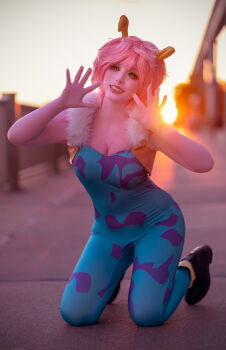 1girl aqua_bodysuit ashido_mina ashido_mina_(cosplay) black_sclera black_shoes blurry blurry_background bodysuit boku_no_hero_academia breasts cleavage colored_sclera colored_skin cosplay cosplay_photo fake_horns female_focus fur-trimmed_jacket fur_trim hero_outfit_(mha) horns jacket lips mangoecos messy_hair photo_(medium) pink_hair pink_skin real_life shoes short_hair solo superhero_costume superheroine_costume teeth yellow_eyes yellow_horns