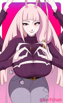 1girl four-finger_heart_hands absurdres antenna_hair arthropod_girl arthropod_limbs barfchan breasts cleavage_cutout clothing_cutout cockroach_girl heart heart_hands highres matara_kan matara_kan_(casual) mole mole_on_breast momo_(matara_kan) monster_girl multiple_legs pink_hair purple_sweater skinny_jeans solo sweater virtual_youtuber vshojo