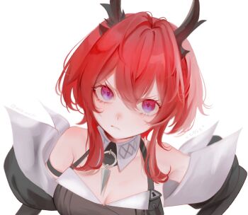 1girl arknights arknights:_endfield bare_shoulders black_jacket breasts cleavage closed_mouth commentary frown hair_between_eyes jacket laevatain_(arknights) long_hair looking_at_viewer medium_breasts off_shoulder purple_eyes red_hair simple_background solo surtr_(arknights) twitter_username upper_body white_background yunu_nuyu