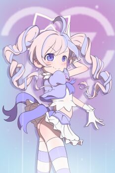 1girl absurdres ahoge ass blue_archive blush bottomless earrings gloves highres jewelry legs loli poethewondercat purple_eyes reisa_(blue_archive) skirt smile solo standing star_(symbol) star_earrings stomach thighhighs thighs