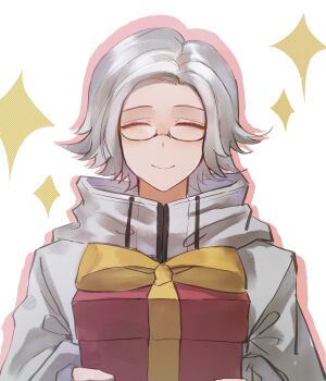 1boy ^_^ absurdres aotsuki_eito bow chinese_commentary closed_eyes commentary_request drop_shadow facing_viewer fu217048 gift glasses grey_hair highres holding holding_gift incoming_gift jacket male_focus short_hair smile solo the_hundred_line_-last_defense_academy- upper_body white_background white_jacket yellow_bow