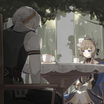 Rule 34 | 1boy, 1girl, alain guillotin, black collar, black dress, black sleeves, blue eyes, brown hair, chair, collar, commentary, cup, detached collar, detached sleeves, dress, english commentary, genshin impact, grey hair, headdress, highres, long hair, long sleeves, looking at another, ponytail, sandrone (genshin impact), shirt, sitting, table, teacup, vest, white headdress, white shirt, yiyiyiyi670