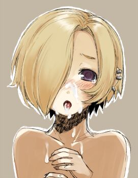 10s 1girl blonde_hair blush breasts cum cum_on_body earrings facial female_focus hair_over_one_eye idolmaster idolmaster_cinderella_girls jewelry ofuro_mantarou open_mouth purple_eyes shirasaka_koume short_hair simple_background solo tongue topless_female