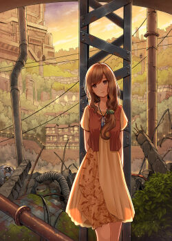 1girl absurdres arms_behind_back brown_eyes brown_hair bush closed_mouth collarbone commentary_request dress drum_(container) floral_print frown hair_ornament hair_scrunchie head_tilt highres house industrial_pipe long_hair mole mole_under_mouth moss original outdoors ponytail railing rebar revision rust scenery scrunchie short_sleeves solo standing swept_bangs yellow_dress yuuki_koutarou