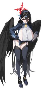 1girl :| absurdres ako_(blue_archive) ako_(blue_archive)_(cosplay) bell black_garter_straps black_gloves black_hair black_skirt black_thighhighs black_wings blue_archive blue_hairband blue_jacket breasts clipboard closed_mouth commentary cosplay earrings feathered_wings garter_straps gloves groin hair_between_eyes hairband halo hasumi_(blue_archive) highres holding holding_clipboard huge_breasts jacket jewelry krabking leaning_forward long_hair long_hair_between_eyes looking_at_viewer miniskirt mole mole_under_eye neck_bell red_eyes shirt sideboob sideless_shirt simple_background skirt solo straight_hair stud_earrings thighhighs very_long_hair white_background white_shirt wings