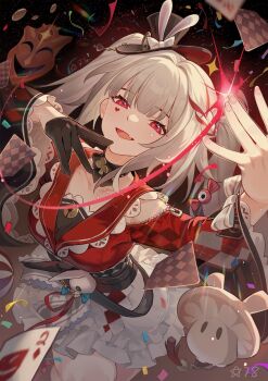 Rule 34 | 1girl, :d, black gloves, black hat, card, commentary request, confetti, diamond (shape), diamond facial mark, facial mark, fang, gloves, hat, heart, heart facial mark, highres, honkai: star rail, honkai (series), long hair, long sleeves, mini hat, mini top hat, open mouth, playing card, red shirt, shirt, single glove, skin fang, skirt, smile, solo, sparkle (honkai: star rail), sparxie (honkai: star rail), top hat, twintails, white hair, white skirt, xingqiba (974528265)