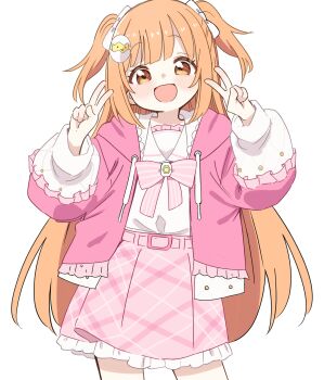 1girl :d absurdres belt bow bowtie commentary cowboy_shot dot_nose double_v dowel_(cyva4545) drawstring egg_hair_ornament food-themed_hair_ornament gem hair_ornament hair_ribbon highres hood hooded_jacket jacket kirara_tamako kirara_tamako_(2nd_costume) long_hair long_sleeves looking_at_viewer nijisanji open_clothes open_jacket open_mouth orange_eyes orange_hair pink_belt pink_bow pink_bowtie pink_jacket pink_skirt plaid_clothes plaid_skirt ribbon sailor_collar shirt simple_background skirt smile solo striped_bow striped_bowtie striped_clothes transparent_background two_side_up v virtual_youtuber white_sailor_collar white_shirt yellow_gem