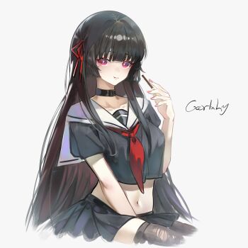 1girl absurdres black_choker black_hair black_serafuku black_shirt black_skirt black_thighhighs breasts car1nly chinese_commentary chisa_(wuthering_waves) choker collarbone commentary_request crop_top eating fingernails food grey_background hair_ribbon highres holding holding_food holding_pocky long_hair looking_at_viewer medium_breasts midriff mole mole_under_eye nail_polish navel neckerchief partial_commentary pink_nails pocky red_eyes red_neckerchief red_ribbon ribbon sailor_collar school_uniform serafuku shirt signature simple_background skirt solo thighhighs thighs torn_clothes torn_thighhighs very_long_hair white_sailor_collar wuthering_waves