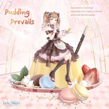 1girl apron artist_request blue_eyes blunt_bangs boots bow bow_choker bowtie brown_boots brown_bow brown_bowtie brown_dress brown_hair center_frills character_name choker cloud collarbone colored_petticoat copyright_logo dress dress_bow drill_hair eating english_text eyelashes food food-themed_hair_ornament footwear_bow frilled_gloves frilled_sleeves frills fruit full_body gloves grey_bow hair_bow hair_ornament happy heart high_heel_boots high_heels holding holding_plate knee_boots lace-trimmed_apron lace-trimmed_choker lace_trim light_blush light_particles logo lolita_fashion long_hair looking_at_viewer macaron medium_dress miracle_nikki nikki_(series) nut_(food) off-shoulder_dress off_shoulder official_art on_food open_mouth pink_bow pink_bowtie pink_choker pink_skirt plate pocky pudding pudding_prevails_(miracle_nikki) sandwich short_sleeves sitting skirt sleeve_bow smile solo strawberry strawberry_hair_ornament strawberry_slice striped_bow striped_bowtie striped_clothes striped_footwear table third-party_source twin_drills twintails two-tone_bow two-tone_bowtie vertical-striped_footwear waist_apron waist_bow white_apron white_bow white_gloves wrist_bow