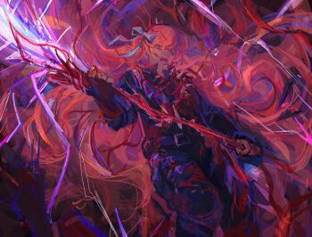 Rule 34 | 1girl, absurdly long hair, belt, black belt, black pants, black shirt, bow, dimension shredder (e.g.o), e.g.o (project moon), emnide, energy weapon, flesh, glaive (polearm), hair bow, hairband, holding, holding weapon, ishmael (project moon), limbus company, long hair, orange hair, pants, polearm, project moon, purple eyes, shirt, solo, very long hair, weapon, white bow, wide-eyed