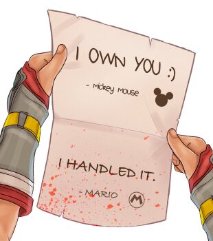 1boy blood blood_splatter character_name crossover disney english_text highres holding holding_paper kingdom_hearts kingdom_hearts_iii logo mario mario_(series) mickey_mouse nintendo paper pov smash_invitation solo sora_(kingdom_hearts) super_smash_bros. white_background yoracrab