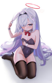 1girl absurdres black_thighhighs blue_archive blush breasts commentary_request hair_ornament halo highleg highres looking_at_viewer mayou940114 plana_(blue_archive) playboy_bunny shy sitting thighhighs