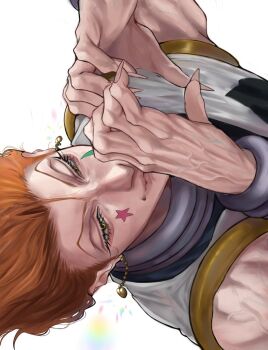 1boy closed_mouth commentary earrings facial_mark fingernails heart heart_hands hisoka_morow hunter_x_hunter jewelry lips male_focus nose orange_hair riperipe_apple sharp_fingernails short_hair sideways solo star_(symbol) star_facial_mark symbol-only_commentary tattoo teardrop_facial_mark teardrop_tattoo veins veiny_arms white_background yellow_eyes