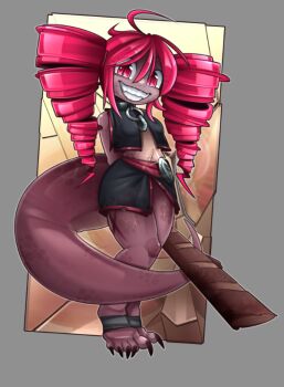 1girl ahoge baguette black_jacket black_skirt bread drill_hair electronic_baka food jacket kasane_teto kasane_teto_(utau) long_hair looking_at_viewer monster_girl navel open_clothes open_jacket red_eyes red_hair red_trim skirt slit_pupils tail teeth thighs twin_drills utau