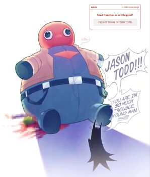 animal_print bat_print bat_signal batman batman_(series) batman_symbol blood blood_splatter blood_stain bodysuit bruce_wayne censored corpse dc_comics dianna_knst english_text gloves grey_bodysuit highres jacket jason_todd meme mosaic_censoring multicolored_bodysuit multiple_boys murder muscular muscular_male open_clothes red_hood_(dc) red_mask the_joker two-tone_bodysuit