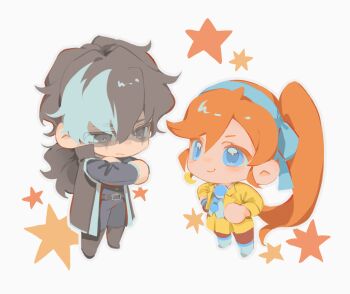 1boy 1girl ace_attorney athena_cykes black_eyes black_gloves black_hair black_jacket black_pants blue_bow blue_eyes blue_hairband bow bow_hairband chibi chibi_inset closed_mouth crescent crescent_earrings earrings full_body gloves grey_hair hair_bow hairband highres house3122 jacket jewelry long_hair looking_at_another multicolored_hair orange_hair pants side_ponytail simon_blackquill single_earring single_glove skirt smile two-tone_hair very_long_hair yellow_jacket yellow_skirt