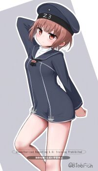1girl anchor blue_dress blue_hat blue_sailor_collar blush brown_eyes brown_hair commentary_request dress feet_out_of_frame grey_background hat highres kantai_collection long_sleeves looking_at_viewer microdress military_hat nyuudou_kajika sailor_collar sailor_dress sailor_hat shirt short_hair simple_background smile solo twitter_username white_shirt z3_max_schultz_(kancolle)