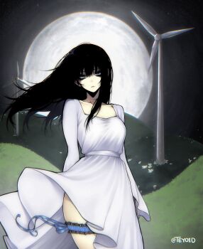 1girl arms_behind_back bags_under_eyes black_hair blue_eyes blue_ribbon breasts closed_mouth commentary cowboy_shot dress english_commentary full_moon grass grasslands hair_between_eyes highres leg_ribbon long_hair long_sleeves looking_at_viewer medium_breasts moon night original outdoors ribbon solo teyoid thigh_ribbon white_dress wind_turbine windmill wispy_bangs