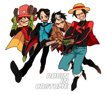 4boys batman_(series) black_hair bodysuit brothers cape cosplay damian_wayne dc_comics dick_grayson escrima_stick gauntlets haramaki hat jacket jason_todd male_focus monkey_d._luffy multicolored_hair multiple_boys necktie nightwing one_piece red_hood_(dc) red_robin robin_(dc) roronoa_zoro sanji_(one_piece) siblings straw_hat sword tim_drake tony_tony_chopper transparent_background two-tone_hair vest weapon