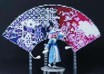 Rule 34 | 1girl, absurdres, blue dress, breasts, dress, hand fan, highres, holding, holding fan, lego (medium), looking ahead, medium breasts, mike vd, photo (medium), pink hair, red eyes, saigyouji yuyuko, saigyouji yuyuko's fan design, short hair, standing, touhou, unconventional media, white footwear