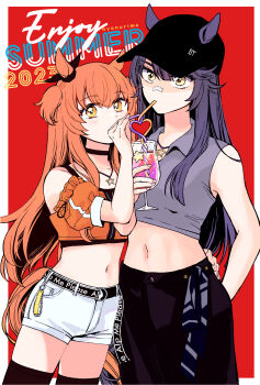 2girls alternate_costume animal_ears bandaid bandaid_on_face bandaid_on_nose bare_shoulders baseball_cap belt black_headwear black_pants black_thighhighs blue_eyes border breasts collared_shirt commentary_request cowboy_shot crazy_straw crop_top cropped_jacket cup drinking drinking_straw ears_through_headwear english_text grey_shirt hand_on_another&#039;s_waist hat heart_straw highres holding holding_cup horse_ears horse_girl horse_tail jacket jewelry long_hair mayano_top_gun_(chill_chill_night)_(umamusume) mayano_top_gun_(umamusume) midriff multiple_girls narita_brian_(umamusume) navel orange_hair orange_jacket outside_border pants pendant purple_hair red_background shared_drink shirt short_shorts shorts sleeveless sleeveless_shirt small_breasts standing tail tank_top thighhighs two_side_up umamusume white_border white_shorts yellow_eyes yonu_(yonurime) yuri