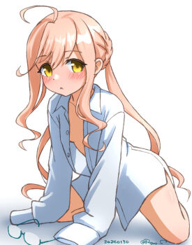 1girl ahoge blush breasts collarbone collared_shirt commentary_request dated dress_shirt full_body glasses hair_between_eyes kantai_collection kneeling long_hair long_sidelocks long_sleeves looking_at_viewer makigumo_(kancolle) one-hour_drawing_challenge open_clothes open_shirt parted_lips pink_hair ray.s shadow shirt sideboob sidelocks signature simple_background sleeves_past_fingers sleeves_past_wrists small_breasts solo thighs twintails unworn_eyewear very_long_hair white_background yellow_eyes