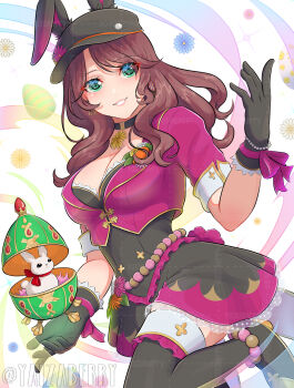1girl animal_ears black_boots black_choker black_dress black_gloves blush boots breasts brown_hair choker cleavage commentary dorothea_arnault dorothea_arnault_(rosy_songstress) dress earrings easter_egg egg faberge_egg fake_animal_ears fire_emblem fire_emblem:_three_houses fire_emblem_heroes flower gloves green_eyes grin hat hat_flower highres jacket jewelry large_breasts long_hair nintendo official_alternate_costume open_mouth purple_jacket rabbit rabbit_ears short_sleeves smile teeth thick_thighs thigh_boots thighs yaizaberry