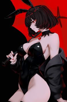 Rule 34 | 1girl, animal ears, bare shoulders, black background, black hair, black jacket, black leotard, breasts, cleavage, closed mouth, covered navel, cowboy shot, deadlock (game), detached collar, fake animal ears, fang, hairband, highleg, highleg leotard, highres, holding, holding umbrella, jacket, leotard, looking ahead, medium breasts, mina (deadlock), nail polish, off shoulder, playboy bunny, rabbit ears, red background, red nails, short hair, simple background, solo, strapless, strapless leotard, thighs, umbrella, wrist cuffs, yan kodiac
