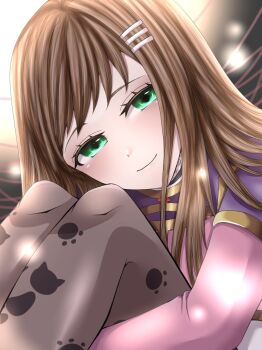 1girl animal_print black_thighhighs blush brown_hair cat_print closed_mouth green_eyes hair_ornament hairclip highres long_hair looking_at_viewer paw_print print_thighhighs smile solo sophia_esteed star_ocean star_ocean:_till_the_end_of_time thighhighs tomoriamakuro