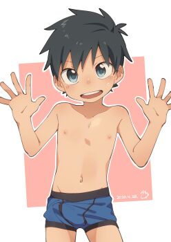 1boy absurdres bad_id bad_twitter_id black_hair blue_eyes blue_male_underwear boxer_briefs bulge collarbone cowboy_shot dated highres inactive_account looking_at_viewer male_focus male_underwear navel nipples open_mouth original round_teeth short_hair shota solo teeth topless_male underwear upper_teeth_only wool_bl