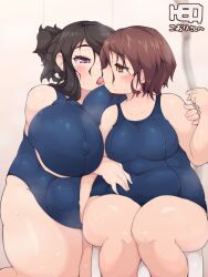 Rule 34 | 2girls, artist name, blue one-piece swimsuit, blurry, blurry background, blush, breasts, brown hair, collarbone, commentary request, commission, covered erect nipples, covered navel, fat, feet out of frame, hair between eyes, hair over eyes, hair over shoulder, hand on another&#039;s arm, heo (tkgm), highres, huge breasts, kiss, kneeling, medium hair, multiple girls, one-piece swimsuit, open mouth, original, pink eyes, second-party source, sitting, skeb commission, sweat, swimsuit, thick arms, thick thighs, thighs, translated, yellow eyes, yuri