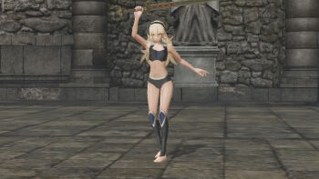 1girl 3d arm_up armor armpits bare_shoulders barefoot black_hairband bra breasts broken_armor building cleavage collarbone female_corrin_(fire_emblem) feet female_focus fighting_pose fighting_stance fingernails fire_emblem fire_emblem_fates fire_emblem_warriors full_body gameplay_mechanics hair_between_eyes hair_ornament hairband holding holding_sword holding_weapon intelligent_systems legs legs_together long_hair medium_breasts midriff multicolored_underwear navel neck nintendo official_alternate_costume official_underwear outdoors pale_skin panties pointy_ears raised_arm red_eyes ruins serious silver_hair solo standing sword thighs toenails toes underwear underwear_only weapon yato_(fire_emblem)