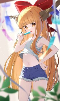 1girl absurdres armpits bow brown_horns commentary_request cowboy_shot denim flat_chest food hair_bow hand_on_own_hip highres holding holding_food holding_popsicle horn_bow horn_ornament horn_ribbon horns ibuki_suika leaf long_hair looking_at_viewer midriff navel oeyama oni open_mouth orange_eyes orange_hair popsicle red_bow ribbon shirt shorts sleeveless solo tank_top touhou very_long_hair wind_chime