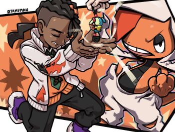 Rule 34 | 1boy, absurdres, canari plush (pokemon), character doll, clenched teeth, closed eyes, coat, colored skin, commentary, dark-skinned male, dark skin, doll, dot pupils, dreadlocks, english commentary, gen 5 pokemon, green necktie, hands up, highres, long sleeves, male focus, mega pokemon, mega scrafty, naveen (pokemon), necktie, nintendo, on one knee, orange skin, orange sweater vest, orange vest, otakuman, pokemon, pokemon (creature), pokemon legends: z-a, ponytail, sagging pants, scrafty, sweater vest, teeth, torn hood, vest, white coat, white hood