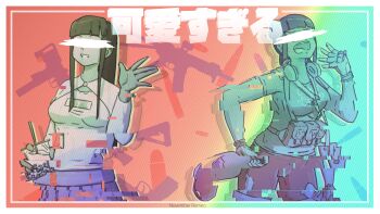 assault_rifle bubble_tea bullet colorized dress gloves gun gun_sling headphones highres mac-10/11 multiple_girls nractual original rifle submachine_gun tactical_clothes weapon
