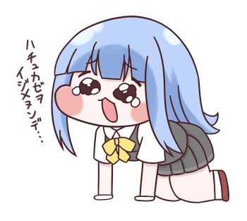 Rule 34 | 1girl, all fours, blue hair, blunt bangs, blush stickers, chibi, chibi only, collared shirt, commentary request, diyap (style), dress shirt, full body, grey skirt, grey vest, hatsukaze (kancolle), highres, kantai collection, long hair, meme, parody, piyobomu, pleated skirt, shirt, simple background, skirt, solo, speakiposting (meme), style parody, tearing up, tears, translation request, trickcal, vest, white background, white shirt