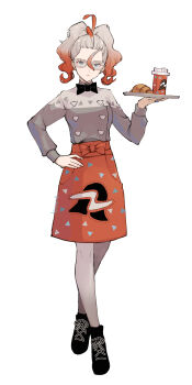 1girl absurdres apron black_bow black_bowtie black_shoes bow bowtie commentary croissant cup disposable_cup eyelashes food full_body glasses griselle_(pokemon) hair_between_eyes hand_on_own_hip highres holding holding_tray looking_at_viewer multicolored_hair nintendo open_mouth pokemon pokemon_legends:_z-a red_apron red_hair shirt shoes tray twintails two-tone_hair waitress white-framed_eyewear white_background white_shirt yachimata_1205