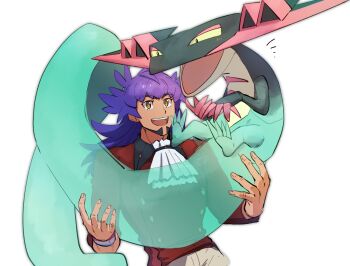 1boy :d ascot buttons dark-skinned_male dark_skin dragapult dynamax_band facial_hair gen_8_pokemon highres holding holding_pokemon leon_(pokemon) long_hair long_sleeves male_focus morio_(poke_orio) nintendo open_mouth pokemon pokemon_(creature) pokemon_swsh purple_hair smile teeth tongue white_ascot yellow_eyes