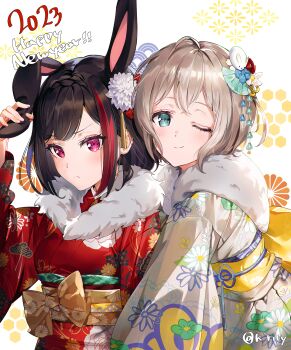 2023 2girls ;) alternate_hairstyle animal_ears aoba_moca aqua_eyes arm_at_side arm_up bang_dream! blue_flower braid breasts closed_mouth commentary crossed_bangs fake_animal_ears floral_print flower frown fur-trimmed_kimono fur_trim grey_hair hair_flower hair_ornament hand_on_own_ear happy_new_year heads_together highres japanese_clothes kikkoumon kikumon kimono light_blush long_sleeves looking_at_viewer medium_breasts mitake_ran multicolored_hair multiple_girls new_year obi obijime one_eye_closed patterned_background pink_eyes print_kimono rabbit_ears rabbit_hair_ornament red_flower red_hair red_kimono rity sakuramon sash seigaiha short_hair side-by-side smile standing streaked_hair tassel tassel_hair_ornament touching_ears twitter_username two-tone_hair v-shaped_eyebrows white_background white_flower white_kimono wide_sleeves
