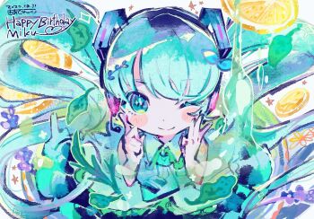 1girl blue_eyes blue_hair blush character_name closed_mouth collared_shirt dated food fruit green_necktie hair_ornament hands_on_own_face hands_up happy_birthday hatsune_miku highres kiato leaf lemon lemon_slice liquid long_hair looking_at_viewer necktie one_eye_closed shirt signature smile solo twintails very_long_hair vocaloid