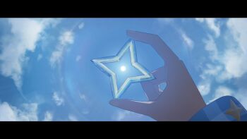 1girl amane_kanata amane_kanata_(1st_costume) blue_sky cloud commentary_request day highres holding holding_shuriken holding_weapon hololive kaguya_(srx61800) long_sleeves pov pov_hands shuriken sky sleeve_cuffs solo sun weapon