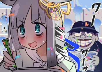 1boy 1girl @_@ animal_ears black_hat blue_eyes blunt_bangs casual chrono_genesis_(casual)_(umamusume) chrono_genesis_(umamusume) commentary_request confetti crossover grey_hair grid_teeth grin hat heavy_breathing holding holding_newspaper holding_pencil horse_ears horse_girl long_sleeves looking_at_viewer moguro_fukuzou newspaper pencil smile tsukusawa_(tukunesour) umamusume upper_body warau_salesman