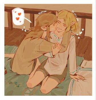 1boy 1girl arms_around_neck barefoot blonde_hair border closed_eyes couple earrings grey_shirt grey_shorts hair_ornament hairclip heart hetero holding_another&#039;s_arm indoors jewelry kiss kissing_cheek link long_hair nintendo parted_bangs parted_lips pointy_ears princess_zelda pyonteo shirt short_hair shorts sidelocks sitting smile spoken_heart teeth the_legend_of_zelda the_legend_of_zelda:_breath_of_the_wild the_legend_of_zelda:_tears_of_the_kingdom unworn_hair_ornament unworn_hairclip white_border white_nails white_shirt