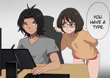 1boy 1girl artist_self-insert black_hair brown_eyes brown_hair brown_shirt closed_mouth dark_skin desk english_text frown glasses gradient_background grey_shirt highres jourd4n computer_keyboard leaning_forward long_sleeves looking_at_another mole mole_on_thigh mole_under_mouth original red_shorts screen shirt short_hair short_sleeves shorts smile speech_bubble white_background