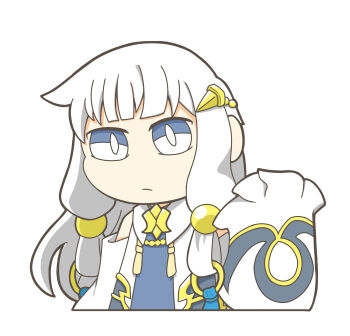 Rule 34 | 1girl, blue eyes, closed mouth, detached sleeves, grimms notes, hand up, long hair, looking at viewer, shaman of the mirror (grimms notes), simple background, sleeves past fingers, sleeves past wrists, solo, upper body, urtrro10, white background, white hair