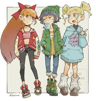 3girls :d akazutsumi_momoko alternate_costume beanie black_hair black_pants black_shoes blonde_hair blowing_bubble_gum blue_eyes blue_pants blue_sweater border bright_pupils brown_hair brown_shoes camisole chewing_gum closed_mouth crop_top dress drill_hair full_body goutokuji_miyako green_eyes green_hat green_jacket green_shoes grey_background half-closed_eyes hands_in_pockets hat highres jacket long_hair looking_at_another loose_socks matsubara_kaoru multiple_girls open_mouth pants pink_camisole ponytail powerpuff_girls_z red_eyes red_jacket sekihan shirt shoes simple_background sleeves_past_fingers sleeves_past_wrists smile socks sweater sweater_dress twin_drills walking white_border white_pupils yellow_shirt