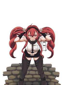 1girl blush breasts bunching_hair eris_greyrat hairband half-closed_eyes highres large_breasts leaning_forward legs long_hair looking_at_viewer midriff mushoku_tensei navel playing_with_own_hair red_eyes red_hair shorts smile solo thighs toned twintails