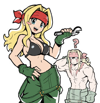 Rule 34 | 1boy, 1girl, :d, ?, abs, absurdres, alex (street fighter), bandana, bikini, bikini top only, black bikini, blonde hair, blue eyes, blush stickers, breasts, capcom fighting jam, cleavage, fingerless gloves, genderswap, genderswap (mtf), gloves, green gloves, hairband, hand on own hip, headband, highres, holding, holding wrench, long hair, looking at viewer, midnight bliss, muscular, navel, open mouth, overalls, pants, pectorals, red headband, sach56000, screwdriver, smile, street fighter, street fighter iii (series), swimsuit, topless male, wrench