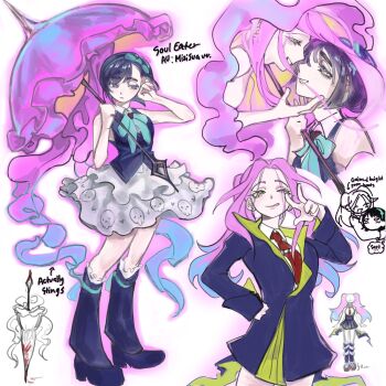 Rule 34 | 2girls, acliptyc, alien stage, aqua bow, aqua bowtie, black boots, black jacket, black shirt, blue hair, boots, bow, bowtie, commentary, english commentary, hair bow, hand on another's face, highres, holding, holding umbrella, jacket, knee boots, long hair, mizi (alien stage), multiple girls, necktie, pink hair, pink umbrella, purple eyes, red necktie, shirt, short hair, skirt, sleeveless, sleeveless shirt, soul eater, sua (alien stage), tongue, tongue out, umbrella, w, white skirt, yellow eyes, yuri